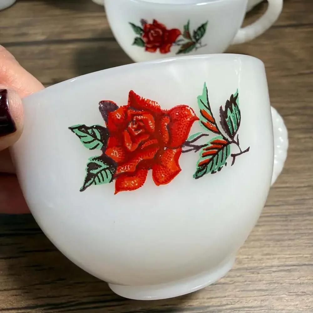 Vintage Rosecrest Federal Milk Glass Cups Red Rose Pattern Set of 5